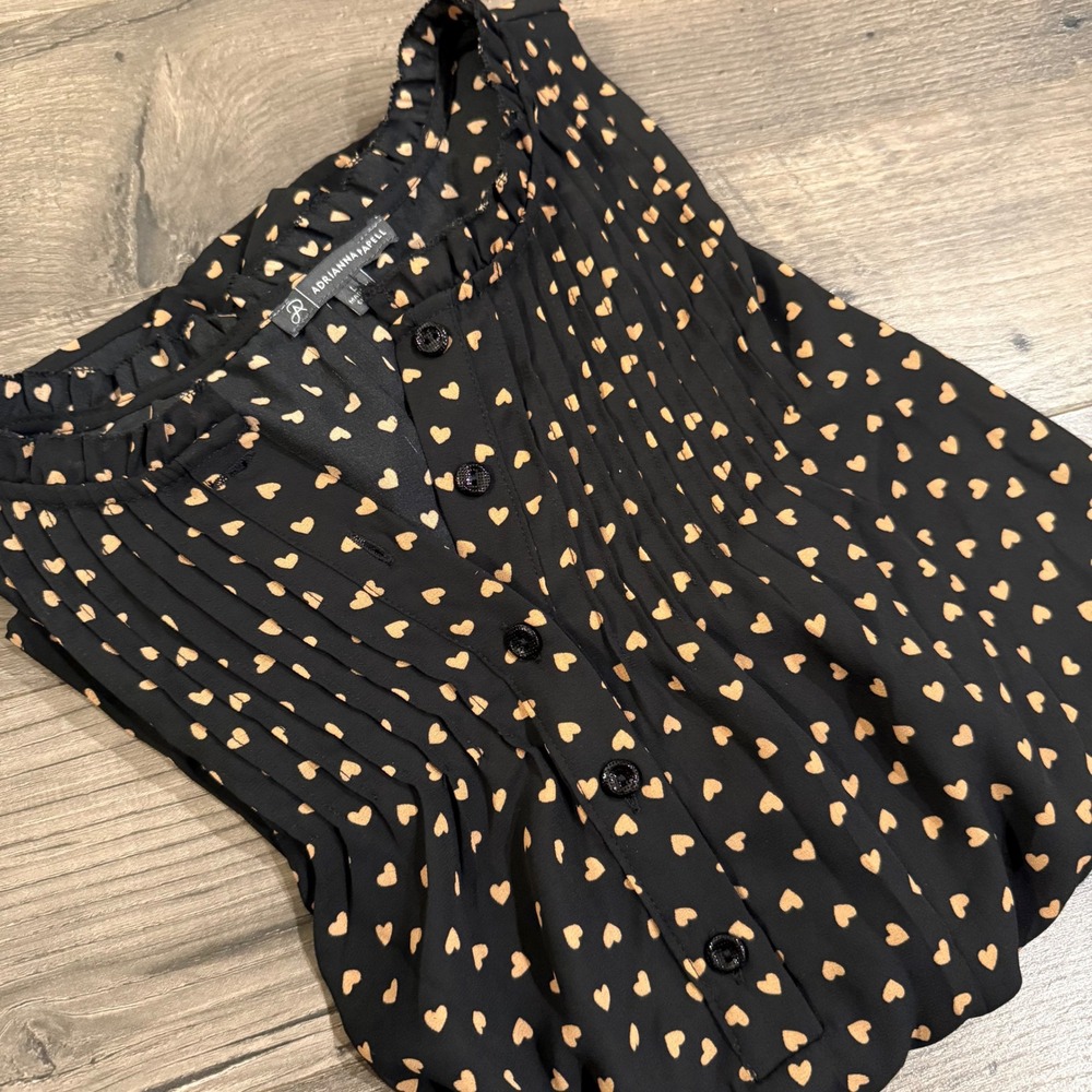 Adrianna Papell Black Heart Print Pleated Ruffle Blouse Top Large